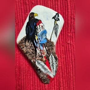 Hand-Painted Santorini Stone Art with Native American Design Double Sided